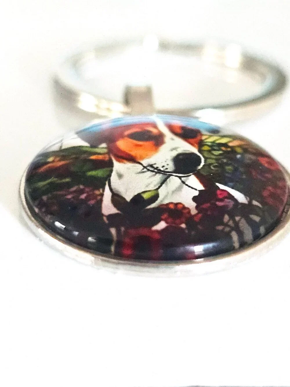 Jack Russell Terrier Keychain Glass Cabochon Floral Dog Lover Silver Tone Gift